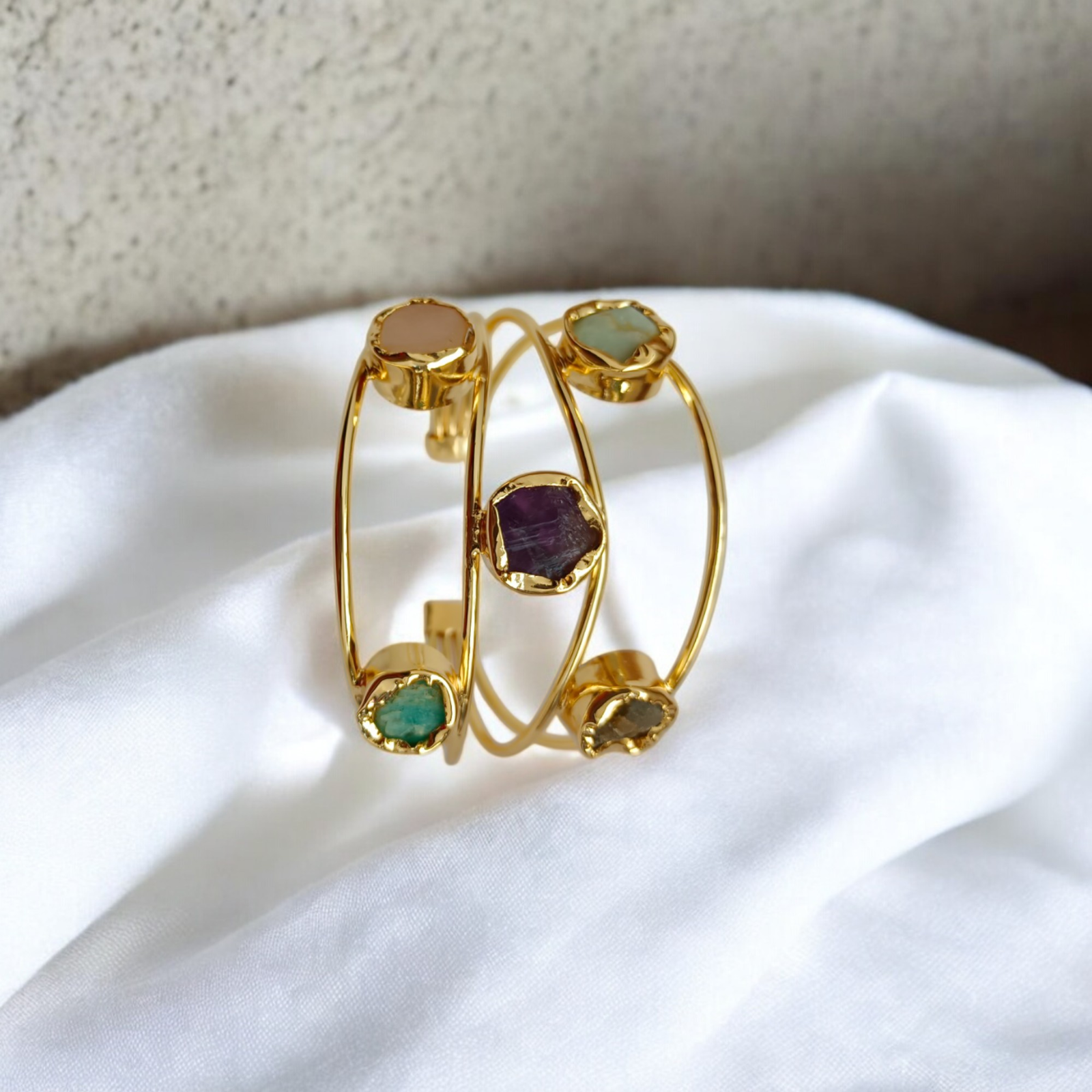 Designer Brass Bracelet with Five Chakra Stones | Handmade Spiritual Jewelry