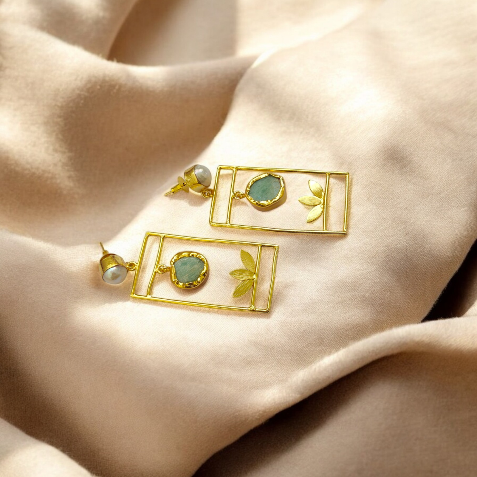 Trio of Leaves – Aventurine & Pearl Handmade Earrings in Brass