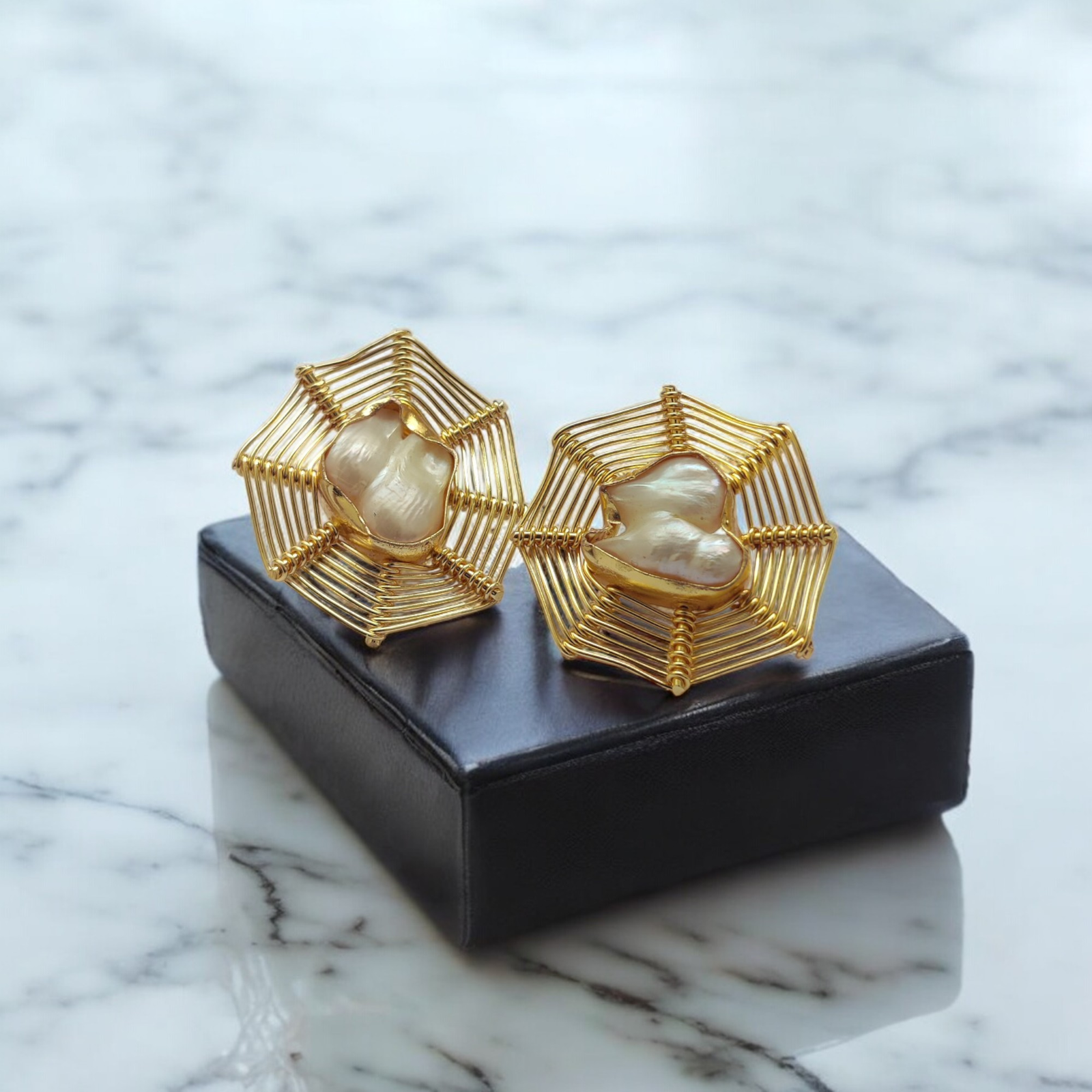 Spider Web Design – Baroque Pearl & Brass Earrings