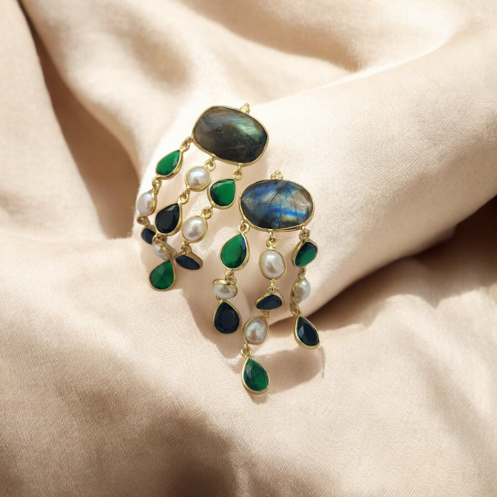 Handmade Labradorite, Green Onyx & Pearl Brass Modern Earrings
