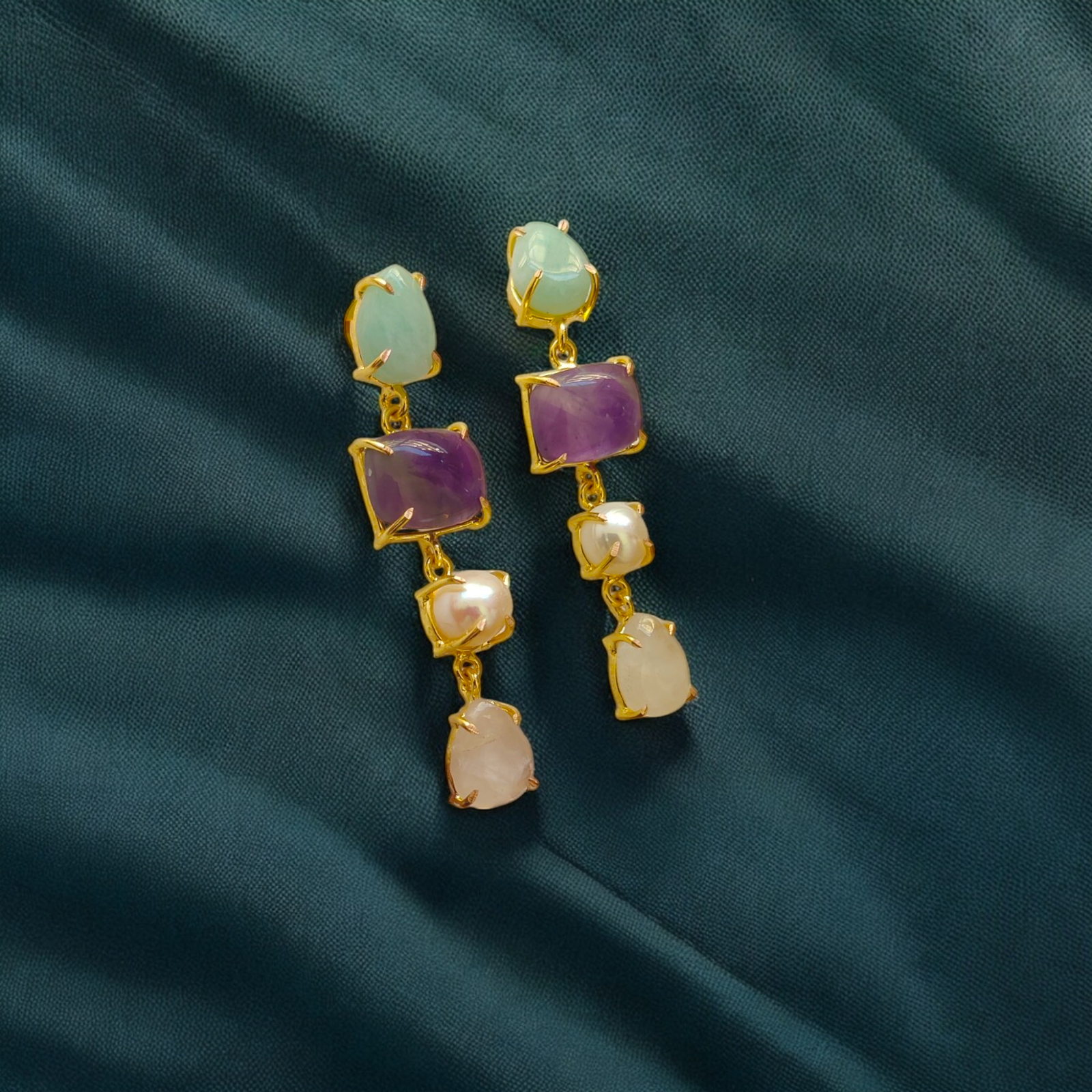 Whispers of Earth – Amethyst, Amazonite, Quartz & Pearl Handmade Brass Earrings