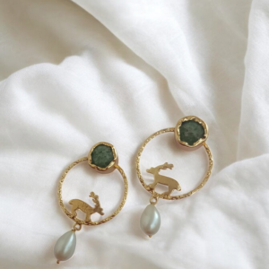 Antler Aura – Green Malachite Brass Deer Earrings