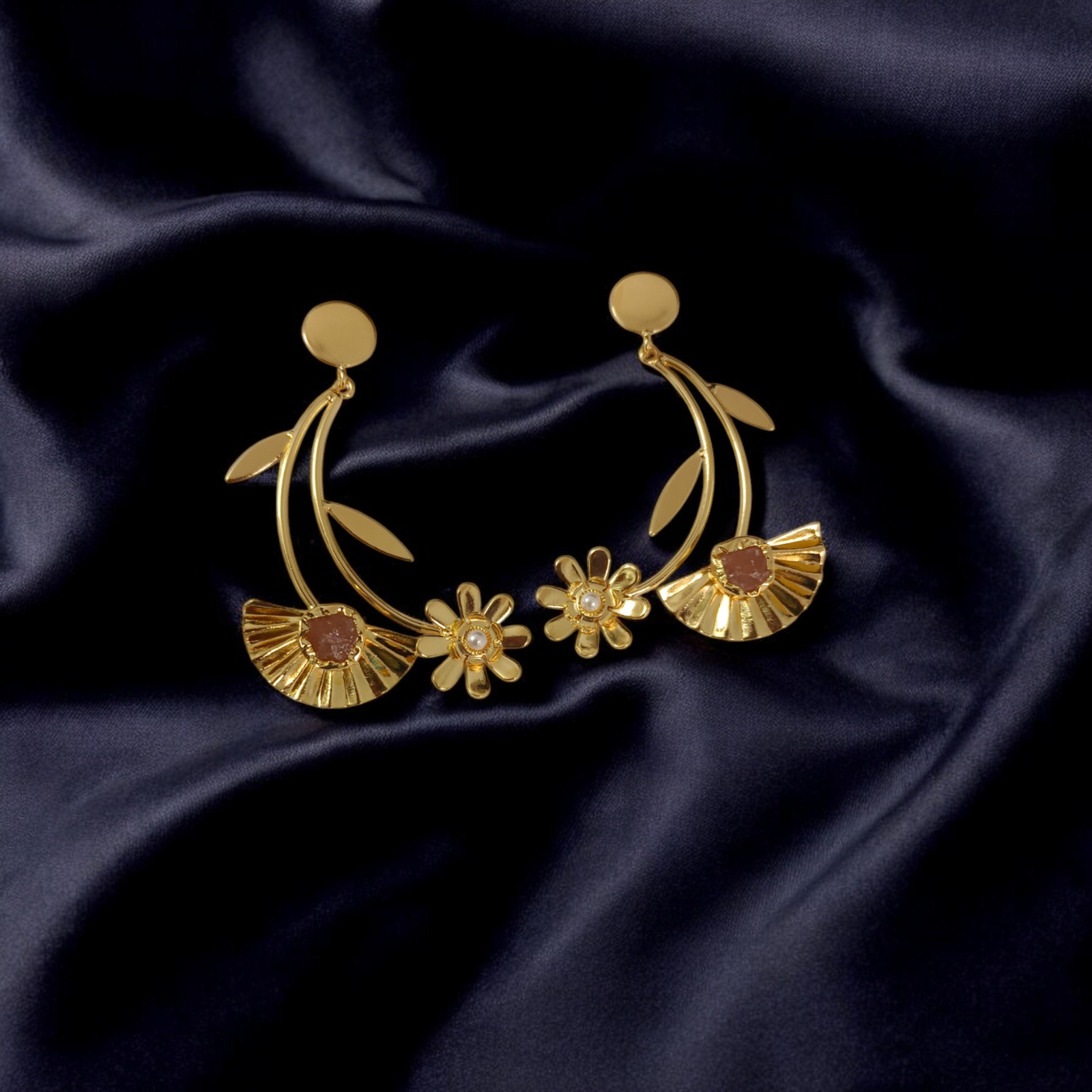 Quartz Blossom Earrings – Rose Quartz & Brass Florals