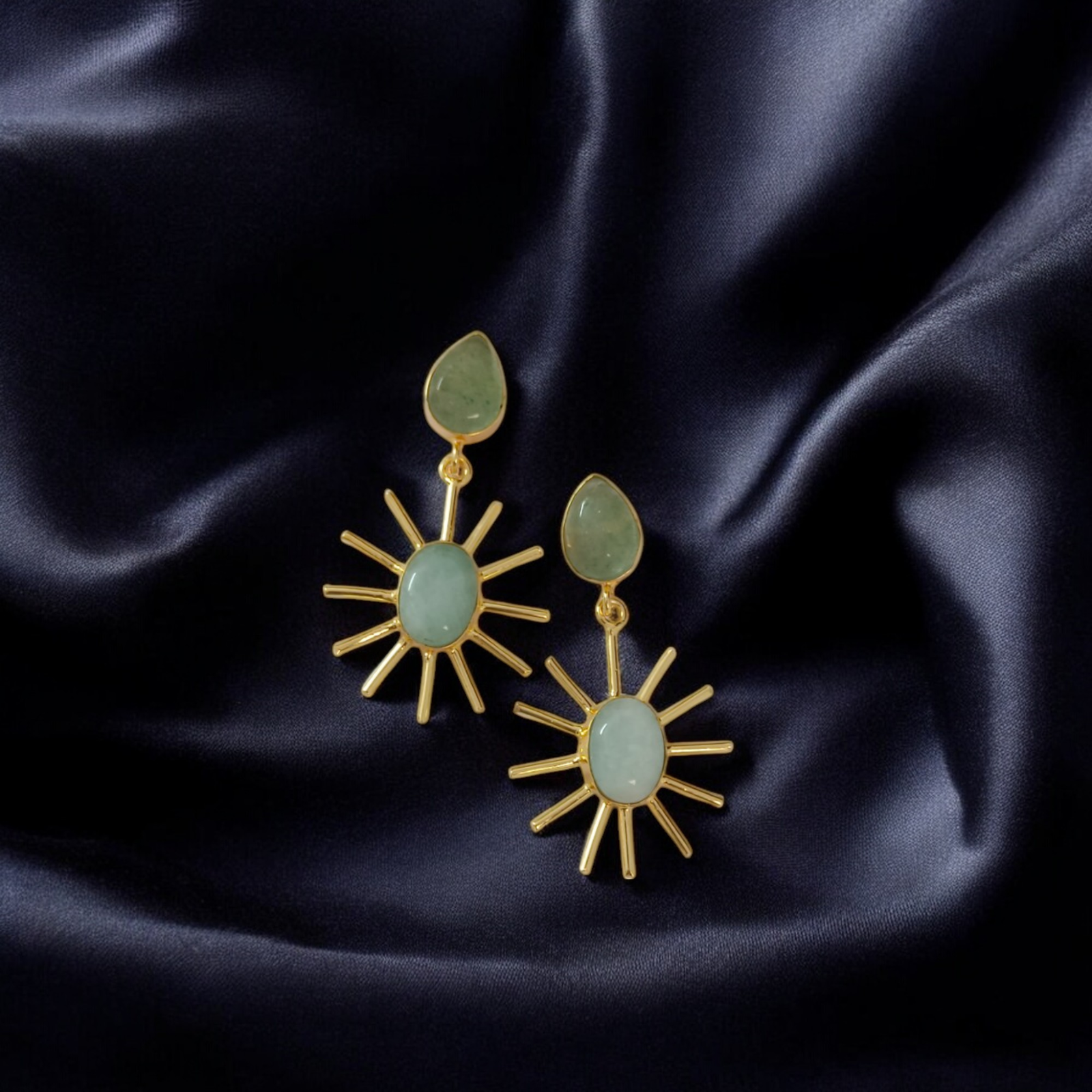 Handmade Sunray Floral Brass Earrings with Green Aventurine Stone