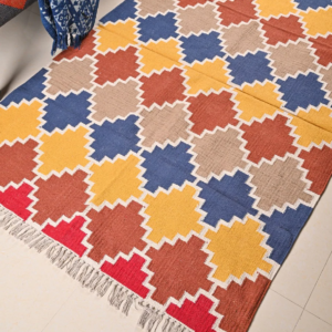 Handwoven Kilim Geometric Flatweave Rug | Multi-Color Diamond Pattern Cotton Area Rug