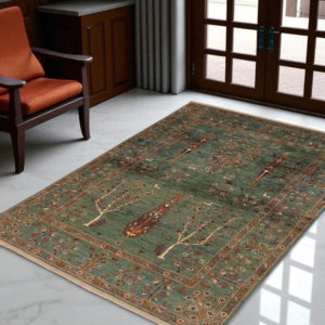 Oriental Persian hand knotted Wool Rug, Traditional Green Sarough Area Carpet Floral & Animal Motif Living Room Rug | Ancient Sarouk Carpet