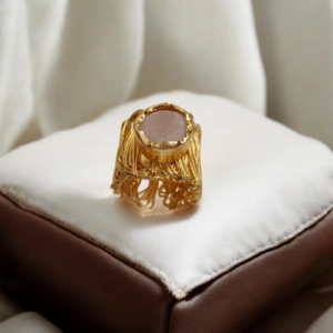 Petal Cage: Brass Crochet Ring with Blush Quartz