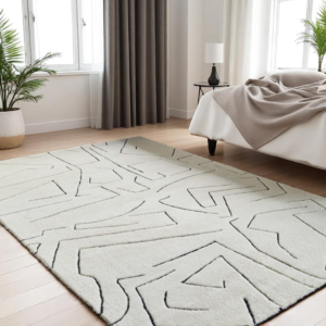 8x10 Modern Abstract Line Art Wool Rug, Hand Tufted Cream & Black Area Rug