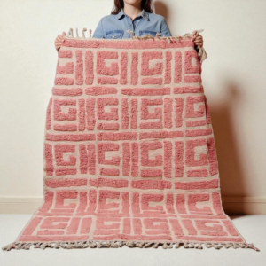 Hand Knotted Geometric Maze Motifs Wool Rug, Pink Textured Wool Rug, Berber Area Rug, Living Room Rug, Boho & Contemporary Décor, 8x10 Rug