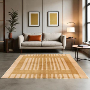 Modern Indian Hand Knotted Striped Gabbeh Wool Rug, Minimalist Beige & Ochre Contemporary Living Room Décor Rug