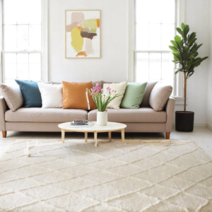 Hand Knotted 8x10 Ivory Shag Rug – Textured Wool Carpet | Soft Plush Scandi Area Rug for Living Room Decoration