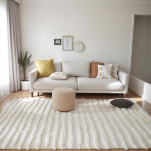 Hand Knotted Shaggy Stripes Berber Wool Rug, Off White Designer Cozy Rug for Living Room Décor, Custom Area Rug