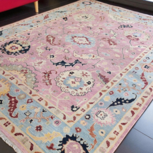 Pink Hand Knotted Oushak Wool Rug, Turkish Floral Motifs Carpet, Traditional Area Rug For Living Room 